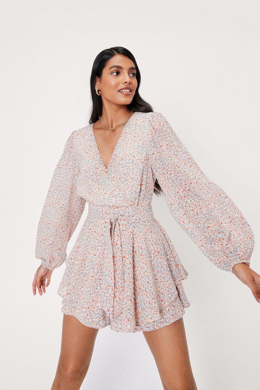 Chiffon Ditsy Floral Print Belted Playsuit